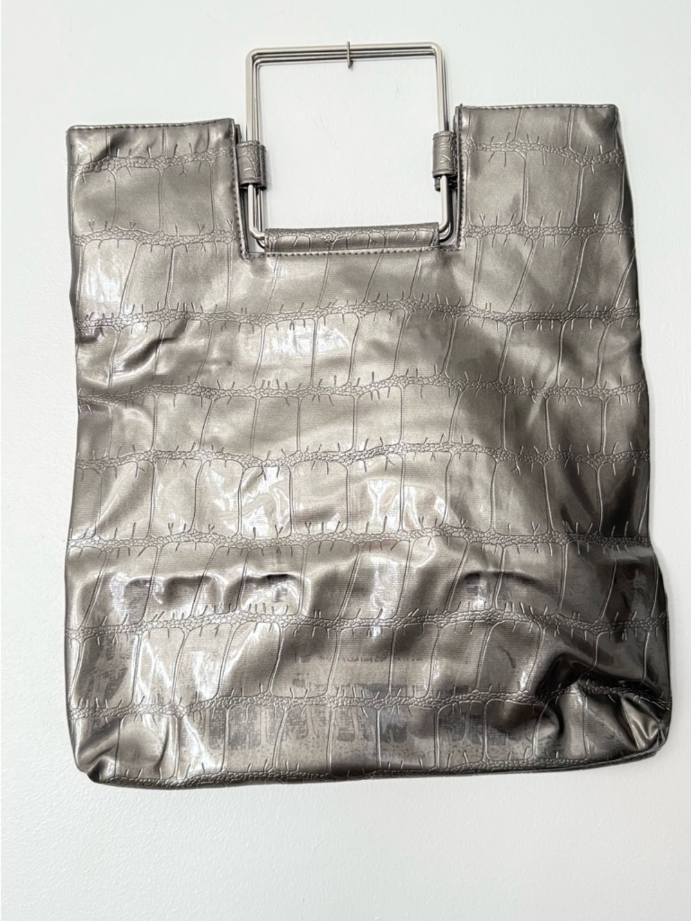 Chateau Metallic Silver Croc-Embossed Tote with Square Handles Brand New